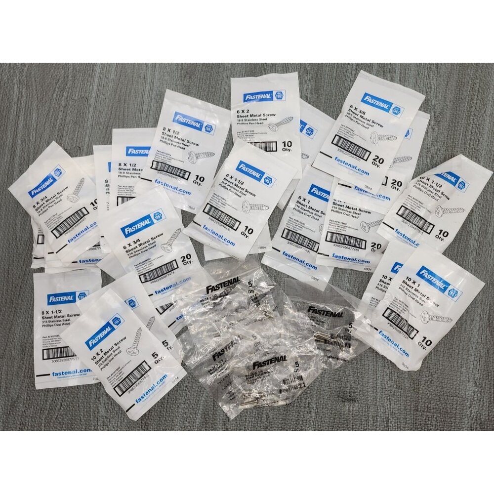 NEW Fastenal Sheet Metal Screws Lot of 31 Variety of Sizes Materials All Philips